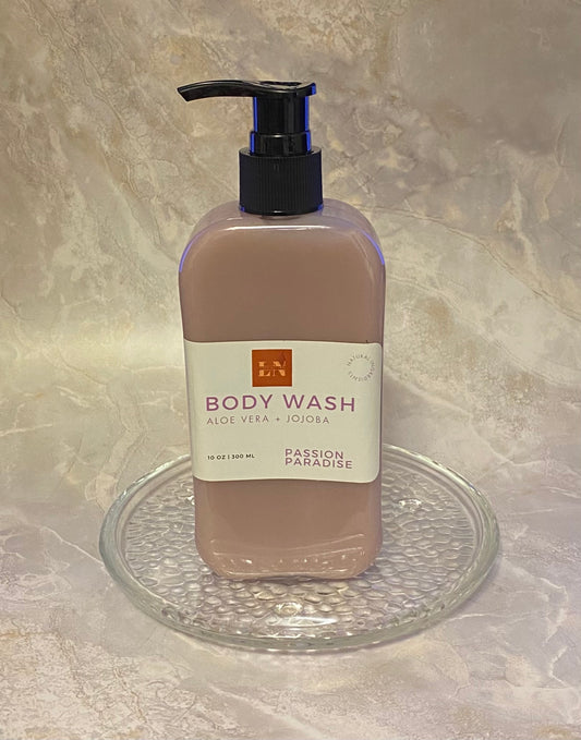 Purple body wash with key ingredients aloe vera and jojoba oil. Smells like paradise.